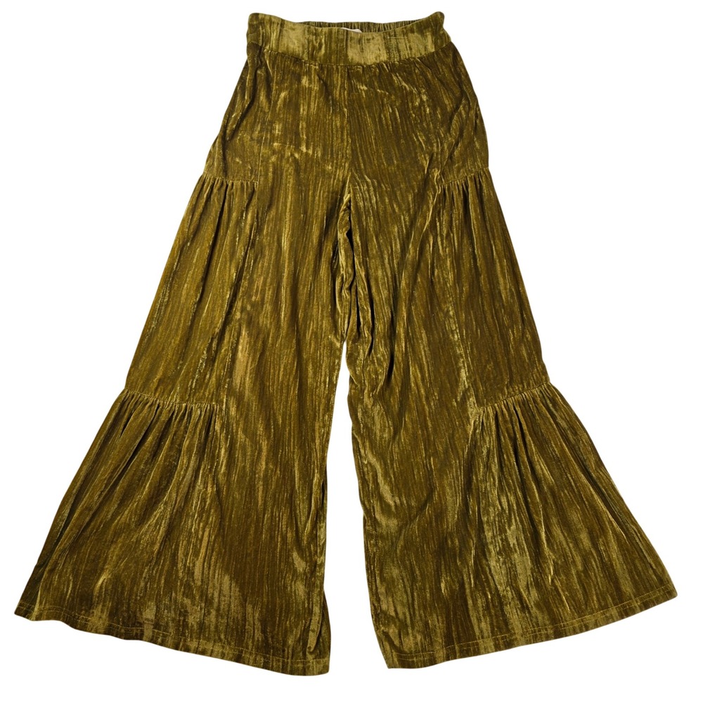 Natural Life Crushed Velvet Tiered Wide Leg Pants Chartreuse Gold Small Womens